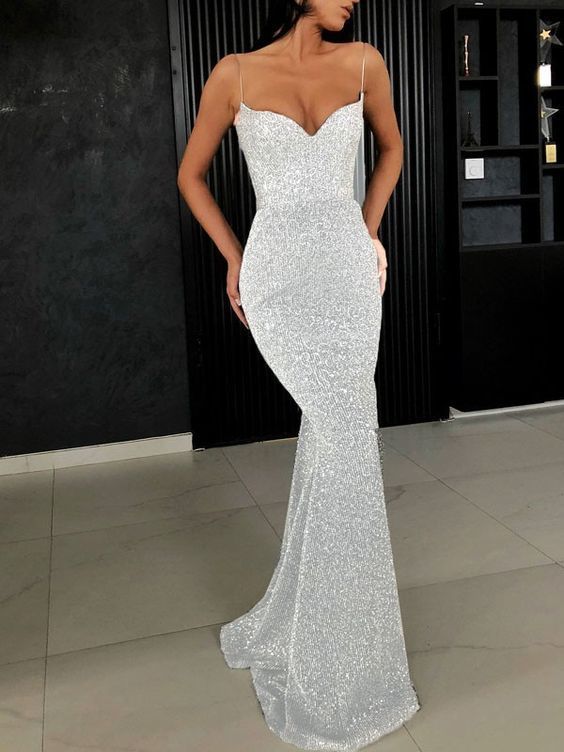 White Sequin Sparkly Glitter Spaghetti Strap Bodycon Mermaid V-neck Prom dresses cg9929