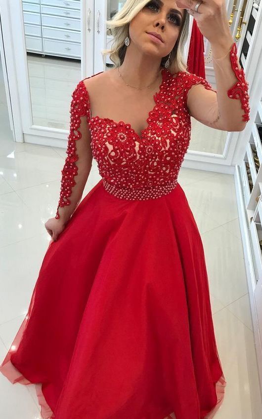 Asymmetrical Neck Long Sleeves Red Prom Dresses With Pearls Beaded Appliques cg9938