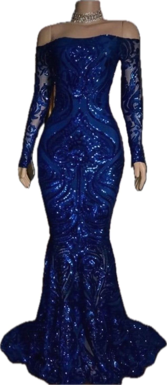 Sparkly Sequined Mermaid Prom Dresses Royal Blue Long Sleeve Graduation Formal Dress Evening Gowns  cg7945