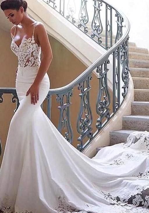 Charming Appliques Lace Mermaid Wedding Dresses with Straps, Sexy Sleeveless prom gown cg1492