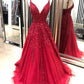 A-line long prom dress, red lace long prom dress    cg12615