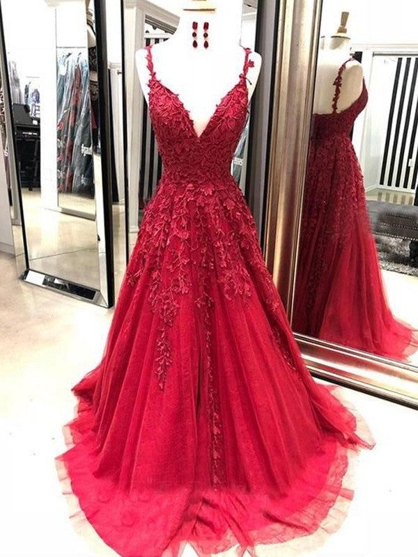 A-line long prom dress, red lace long prom dress    cg12615