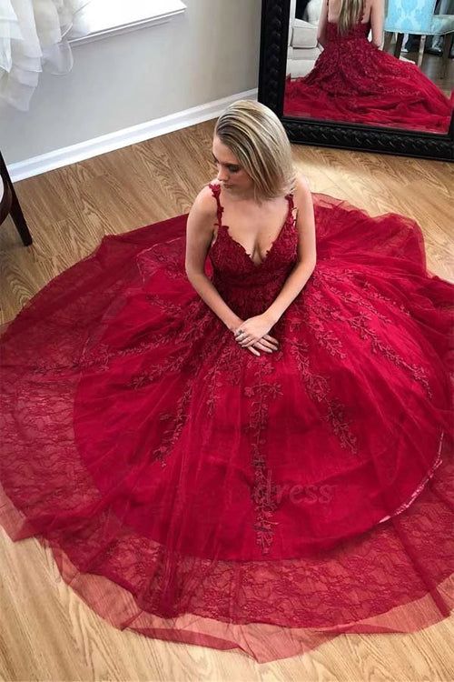 A-line long prom dress, red lace long prom dress    cg12615