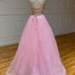 empire pink shiny tulle long prom dress    cg15669