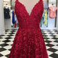 A-line long prom dress, red lace long prom dress    cg12615