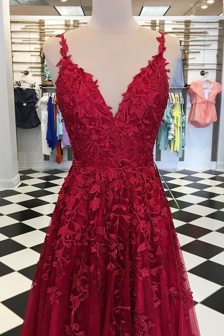 A-line long prom dress, red lace long prom dress    cg12615