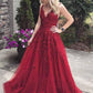 A-line long prom dress, red lace long prom dress    cg12615