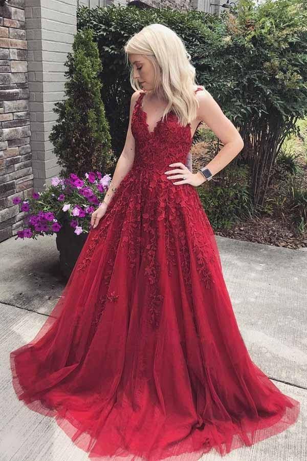 A-line long prom dress, red lace long prom dress    cg12615