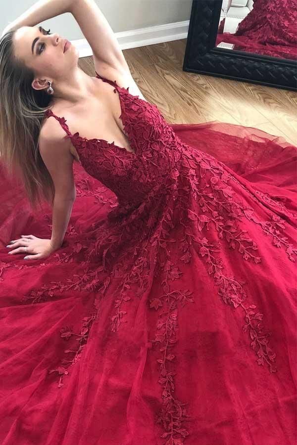 A-line long prom dress, red lace long prom dress    cg12615