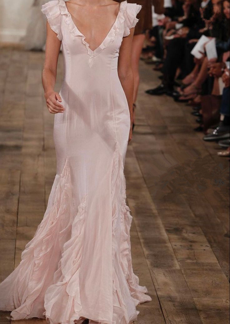 Pretty Mermaid V neckline Long Chiffon Prom Dresses Charming Evening Dress    cg25356