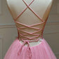 empire pink shiny tulle long prom dress    cg15669