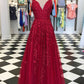 A-line long prom dress, red lace long prom dress    cg12615