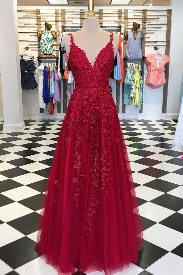 A-line long prom dress, red lace long prom dress    cg12615