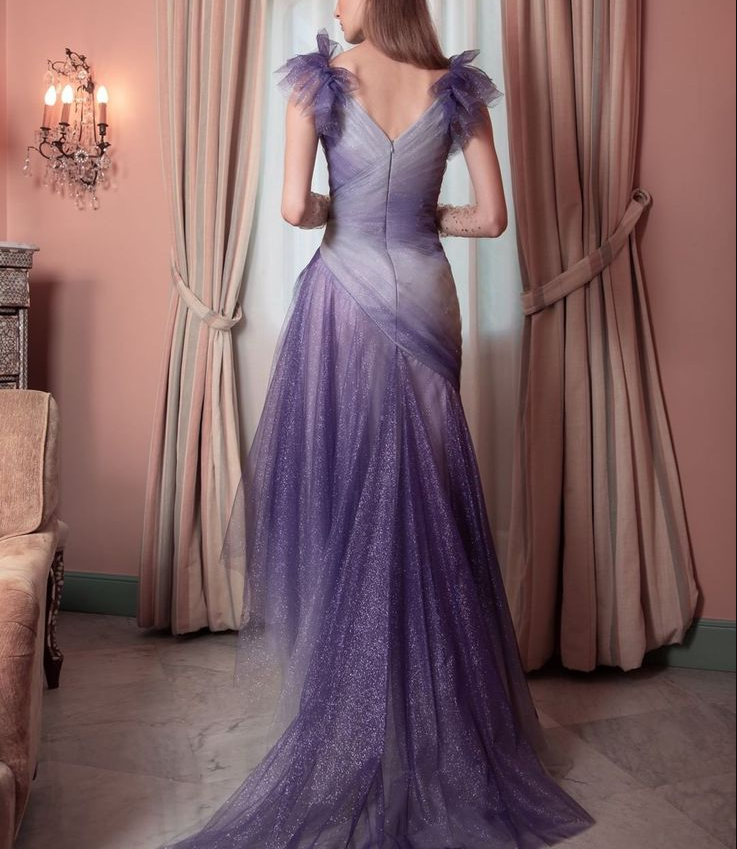 V Neck Glitter Tulle Prom Gown Unique Evening Dresses    cg25329