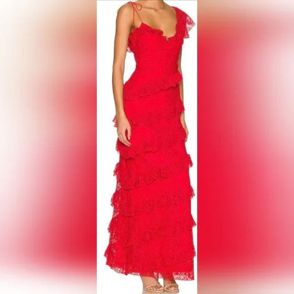 A line Red Lace Long Prom Dresses     cg24898