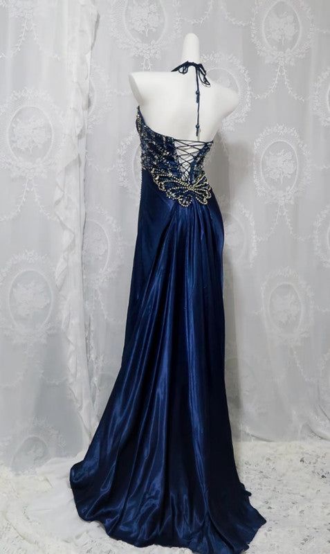 Navy Blue Halter Beaded Prom Dress Long Evening Dress      cg25264