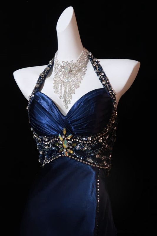 Navy Blue Halter Beaded Prom Dress Long Evening Dress      cg25264