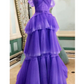 Off The Shoulder Tulle Tiered Long Prom Dress, A Line Evening Gown   cg24857