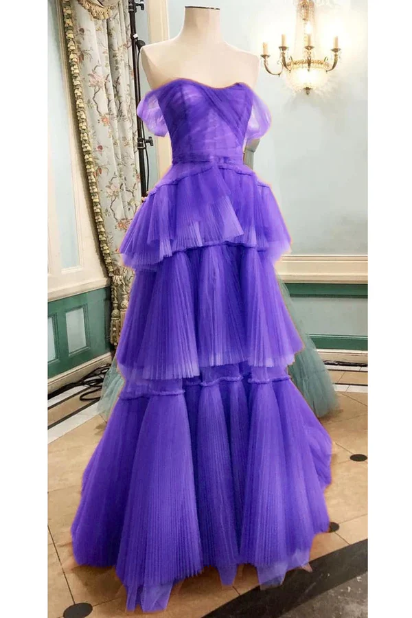 Off The Shoulder Tulle Tiered Long Prom Dress, A Line Evening Gown   cg24857