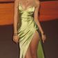 New V-neck Long Beach Green Dress Backless Lace-up Sleeveless Satin Long Prom Party Dress    cg25617
