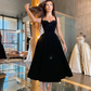 Black sweetheart velvet prom dress tea length black evening dress   cg15353