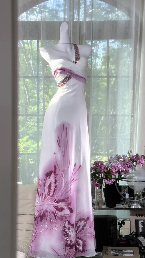 A Line One Shoulder Chiffon Sequin Printed Butterfly Long Prom Dress, Evening Dress  cg26191