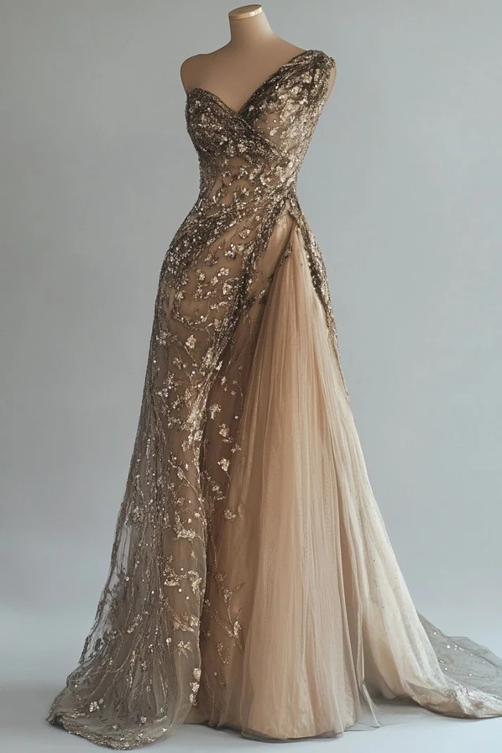 Classy One Shoulder Champagne Tulle Long Party Dress Prom Dresses cg26219