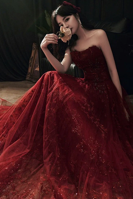 Tulle Long  Prom Dresses  Wine Red Tulle  Formal Evening Dress cg26233