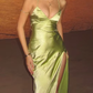 New V-neck Long Beach Green Dress Backless Lace-up Sleeveless Satin Long Prom Party Dress    cg25617