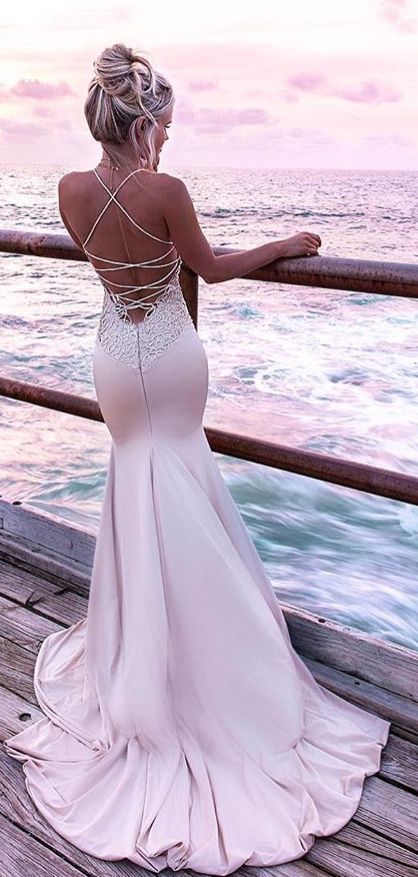 Mermaid Spaghetti Straps Sweep Train Blush Prom Dress with Appliques cg1339