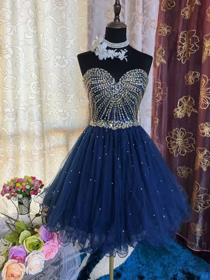 Sparkly Sweetheart Neck Blue Tulle Beaded A Line Short Prom Dress Formal Homecoming Dress cg26136