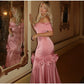 Elegant Off Shoulder Bowknot Maxi Dresses for Women, Pink Vintage Pleated Bodycon Long Evening Dress, Elegant Party Dresses for Women    cg25950