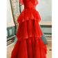 Off The Shoulder Tulle Tiered Long Prom Dress, A Line Evening Gown   cg24857