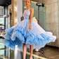 Sparkly Light Blue Bateau Ball Gown Short Backless Prom Dress  cg7761