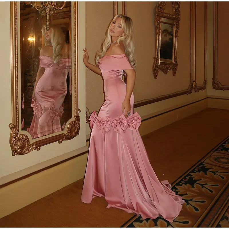 Elegant Off Shoulder Bowknot Maxi Dresses for Women, Pink Vintage Pleated Bodycon Long Evening Dress, Elegant Party Dresses for Women    cg25950