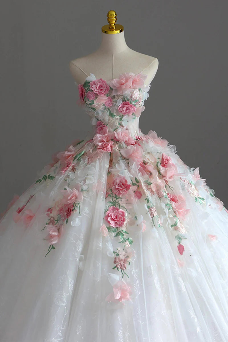 Flower Fairy White Lace Appliques Flower Wedding Dress 2025 Ball Gown Strapless Sleeveless Backless Court Train Wedding Dress   cg25904