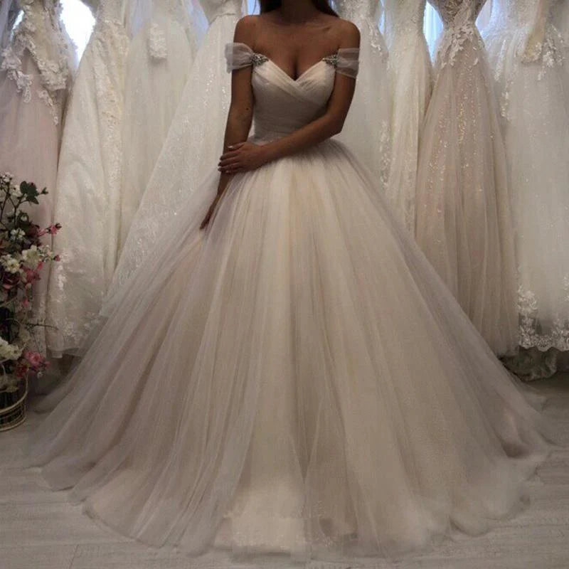 Off The Shoulder Tulle Sweetheart White Wedding Prom Dresses Bridal Gown         cg23704