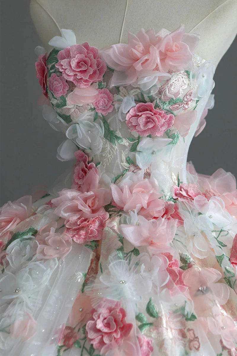 Flower Fairy White Lace Appliques Flower Wedding Dress 2025 Ball Gown Strapless Sleeveless Backless Court Train Wedding Dress   cg25904