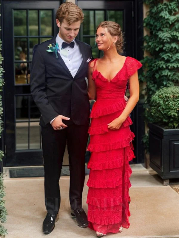 A line Red Lace Long Prom Dresses     cg24898