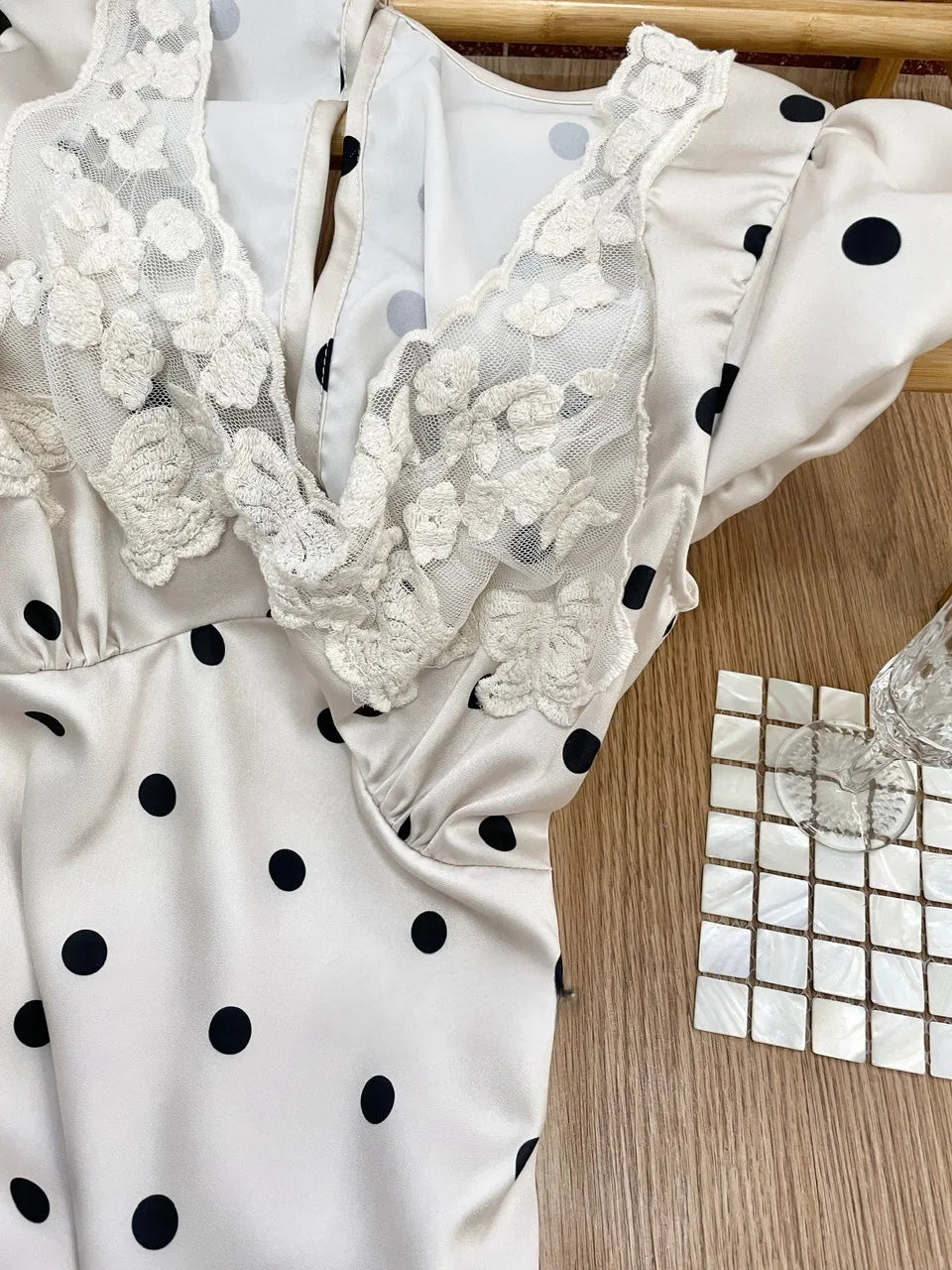 Lace Patchwork Satin Polka Dot A-Line Maxi Dress for Women Elegant Chic Birthday Party Outfit Evening Dress    cg25820