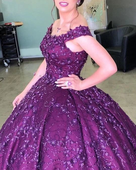 Elegant Purple Lace Ball Gown Off The Shoulder Quinceanera prom Dress For Sweet 16    cg19726