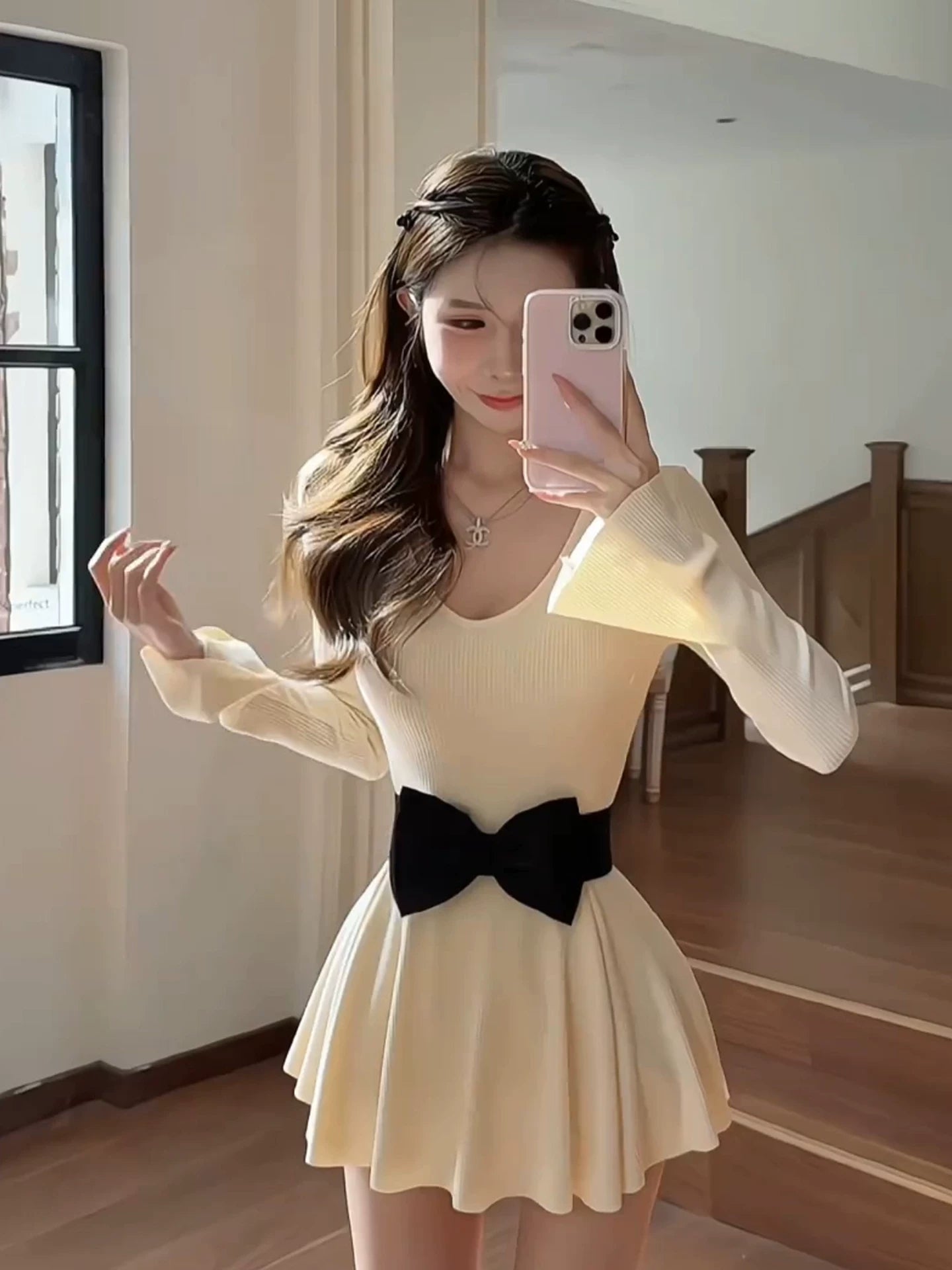 Bow-knitted dress, slim-fitting waist-cinching short skirt  G038