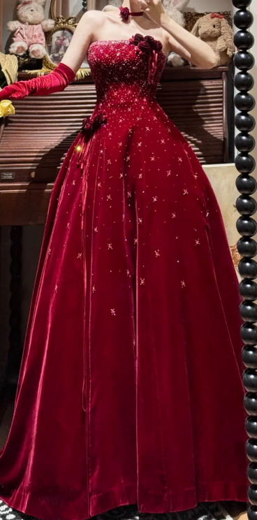 Burgundy Velvet Prom Party Dress With Gloves Birthday Party Dress With Beads    cg26312