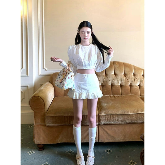 Round neck long-sleeved shirt and pencil skirt set  G037