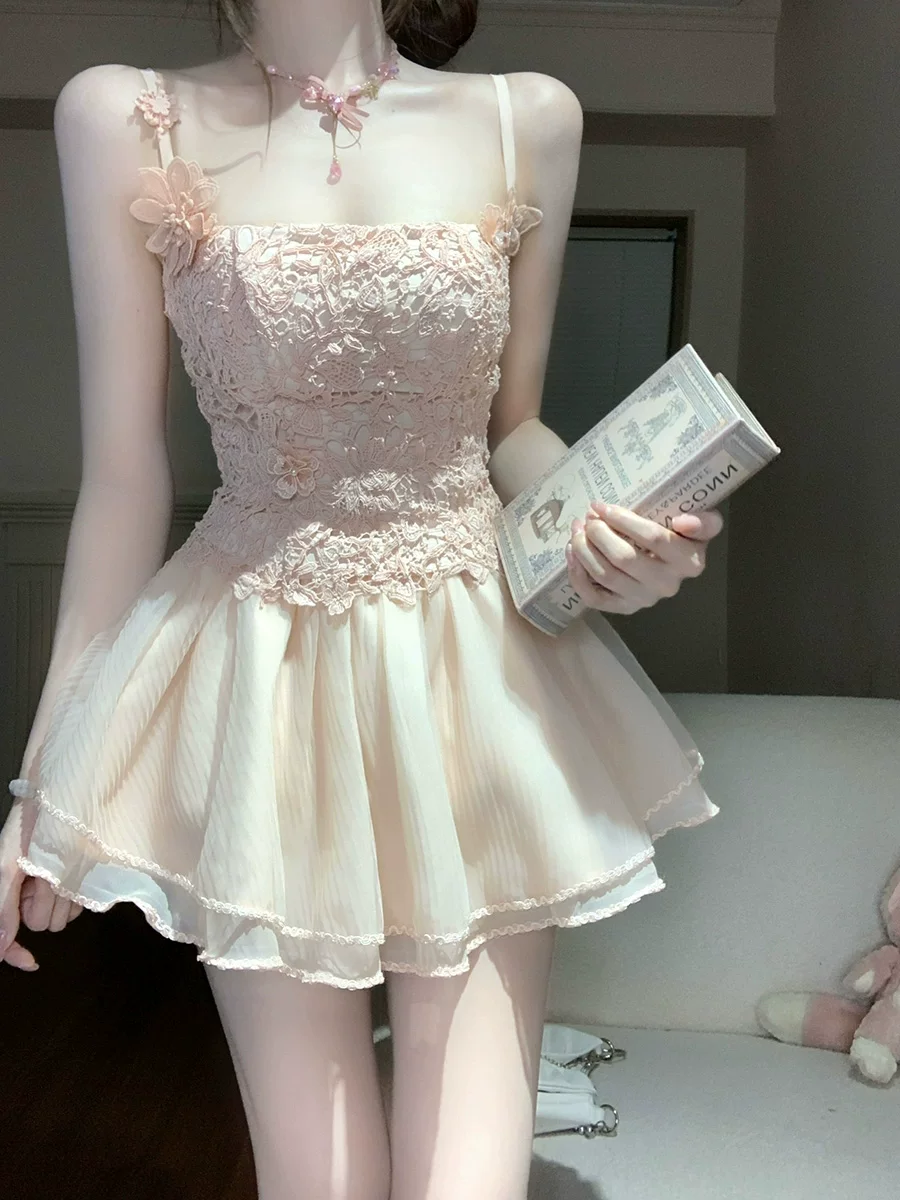 Sweet lace patchwork slip dress, princess-style tutu skirt  G031