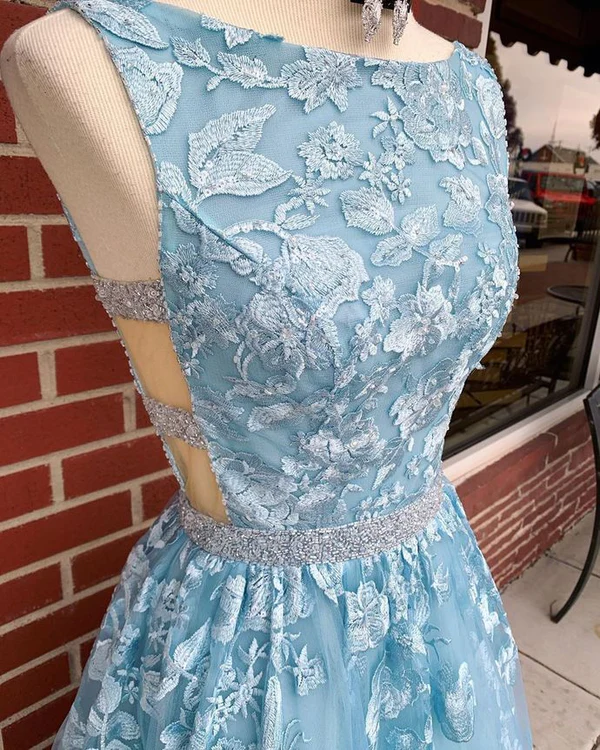 Blue lace long prom dress blue evening dress   cg14828