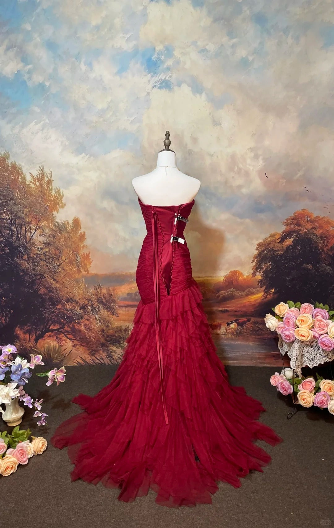 Burgundy Mermaid Tulle Strapless Evening Dress Long Prom Dress    cg25568