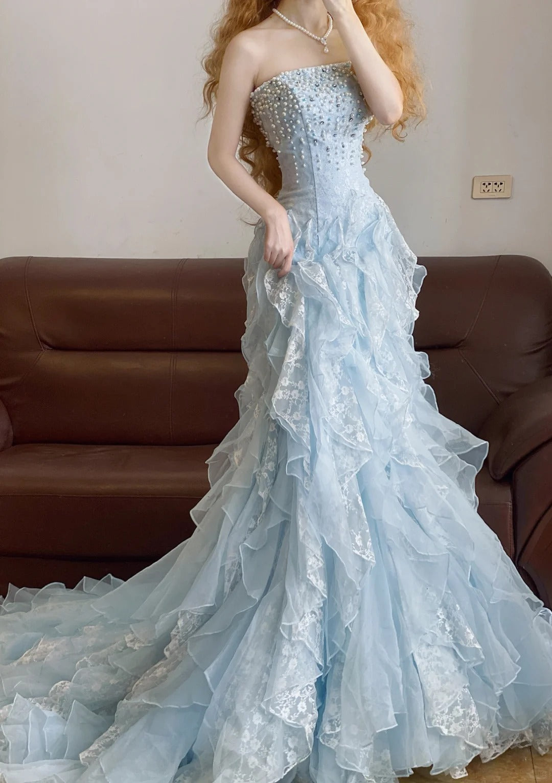 Blue Mermaid Vintage Tulle Long Evening Dresses,Sleeveless Party Gowns  cg25484