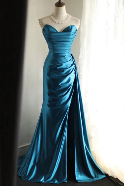 Blue Satin Simple Prom Party Dresses Unique Long Evening Dress   cg25944