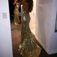 Gold Sequins Mermaid Prom Dresses Sexy Open Back Evening Dress with Sweep Train   cg17766